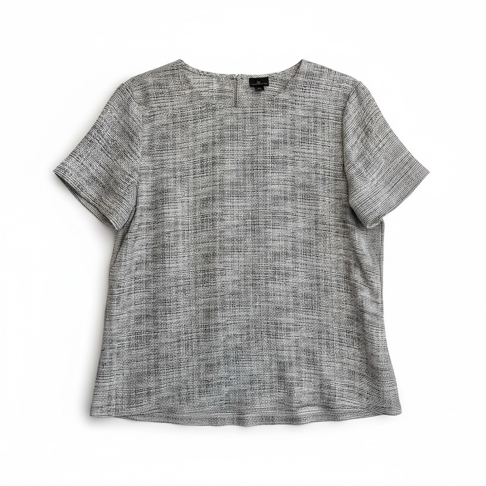 Worthington Womens Black White Micro Pattern Short Sleeve Keyhole Blouse Large